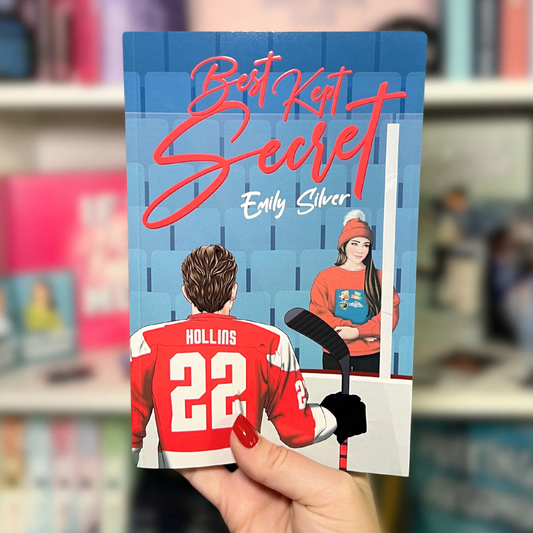 Hockey Romance Exclusive Limited Edition Cover for Best Kept Secret by Emily Silver. Features and illustrated hockey romance book cover. The edition is produced by Hockey Smut Book Club.